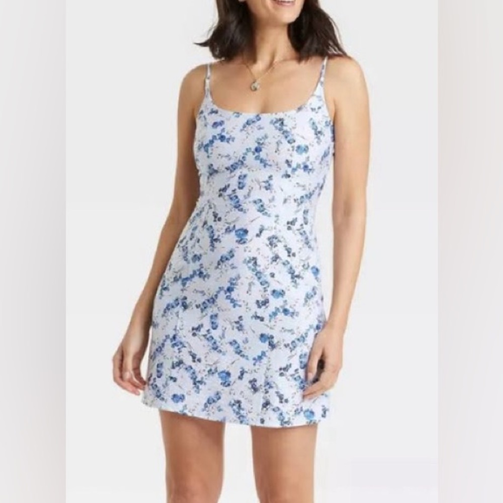 NWT A New Day Blue Floral Mini Woven Tank Dress w/ Smocked Back